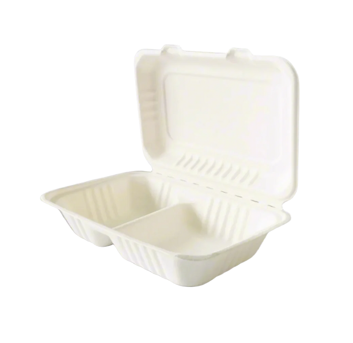 9" x 6" Bagasse Clamshell 2-Compt (250pcs) | Compostable | PFAS-Free