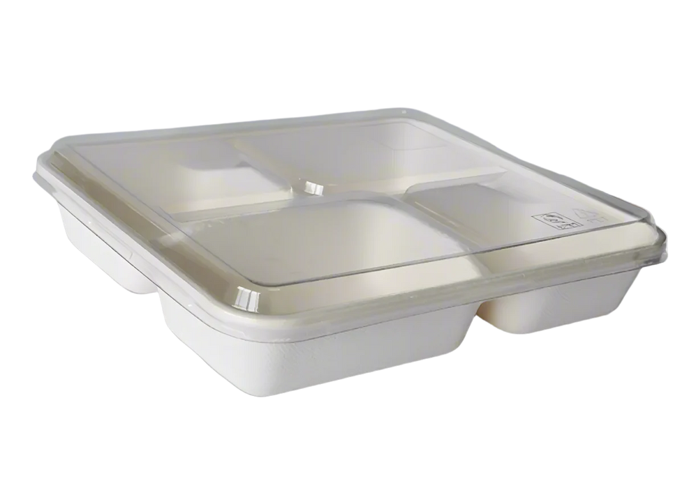 PET Lid for 4-Compartment Bagasse Container | Leak-Resistant