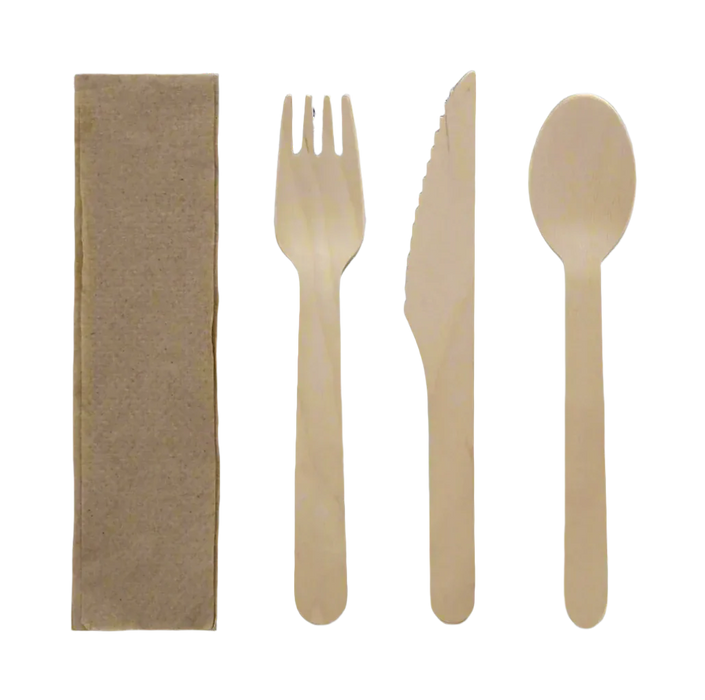 Disposable Wooden Cutlery Set (500pcs) | Fork, Knife, Spoon, Napkin | Compostable