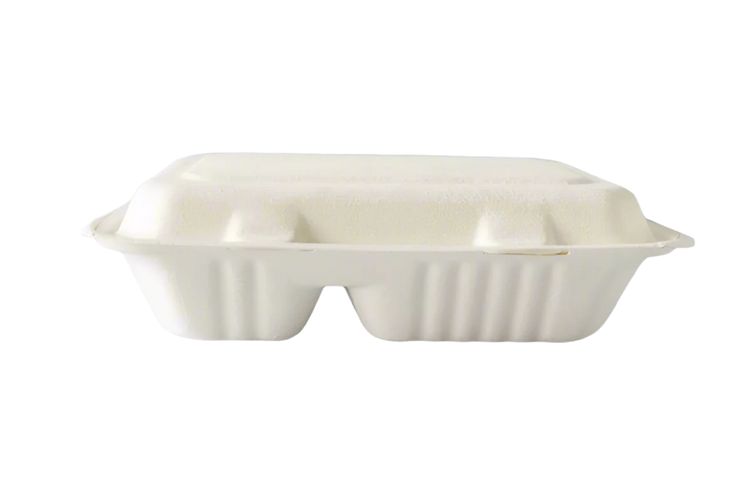 9" x 6" 2-Compartment Bagasse Clamshell